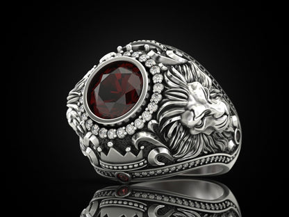 Gental Gems by Karat Kings | Unique Designed Double Faced Lion Ring with Red Zircon Stone |  Sterling Silver Oxidized Ring
