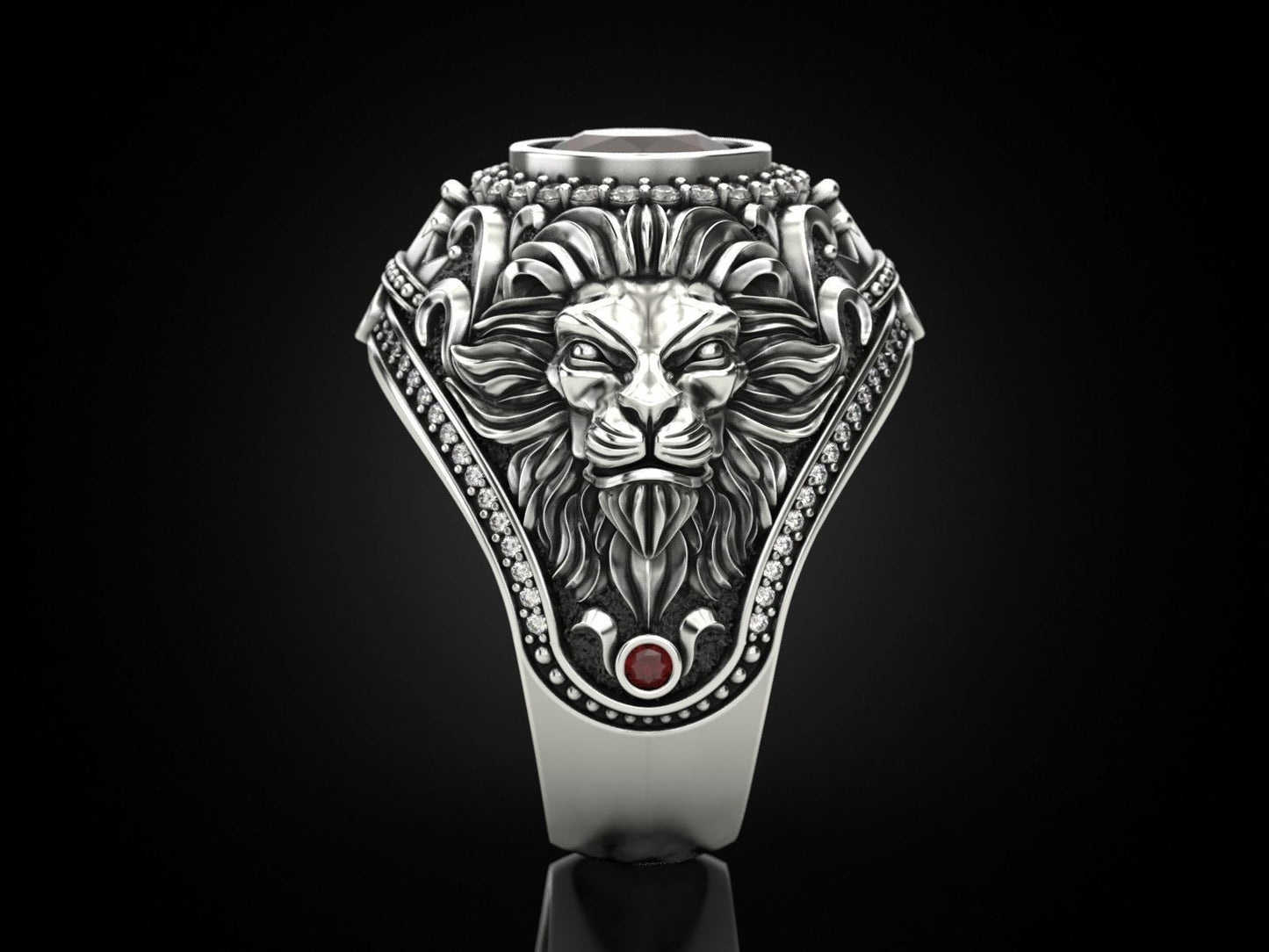 Gental Gems by Karat Kings | Unique Designed Double Faced Lion Ring with Red Zircon Stone |  Sterling Silver Oxidized Ring