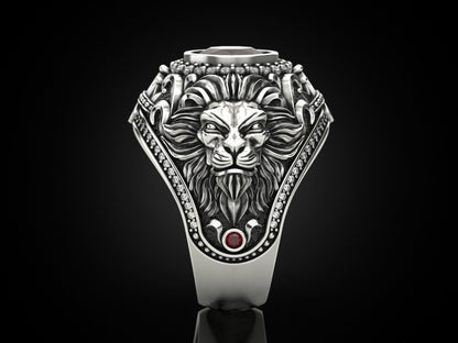 Gental Gems by Karat Kings | Unique Designed Double Faced Lion Ring with Red Zircon Stone |  Sterling Silver Oxidized Ring