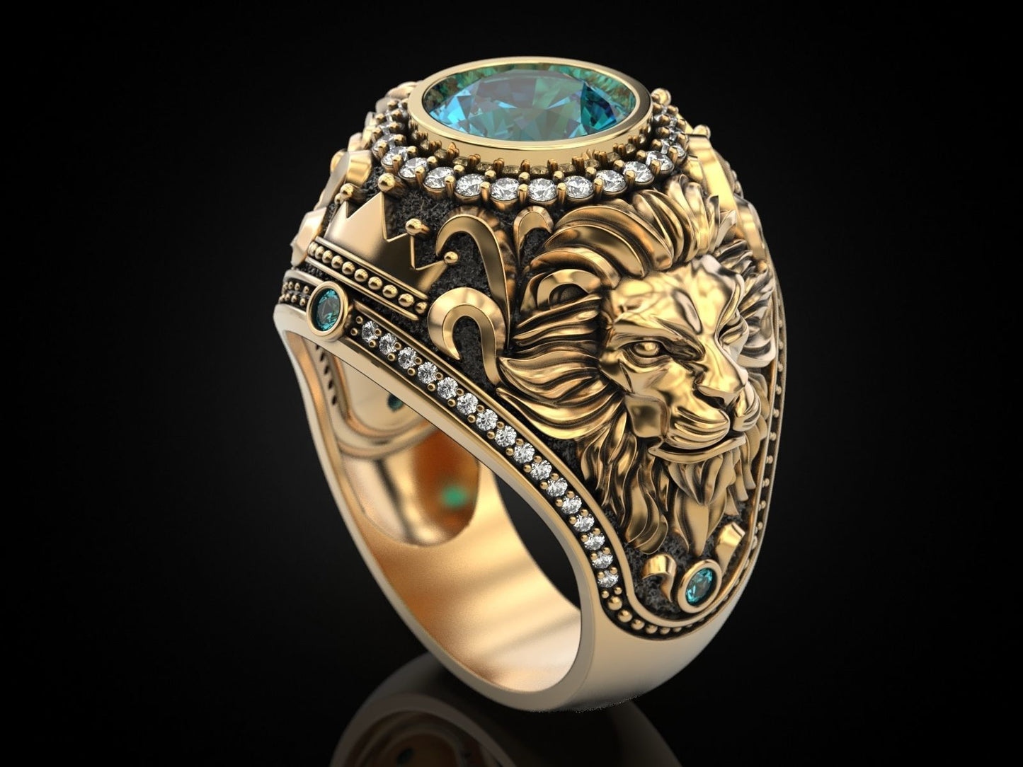 Gental Gems by Karat Kings | Unique Designed 22k Gold plated Double Faced Lion Ring with Green Zircon Stone |  Sterling Silver Oxidized Ring
