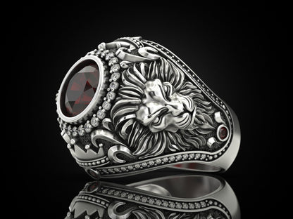 Gental Gems by Karat Kings | Unique Designed Double Faced Lion Ring with Red Zircon Stone |  Sterling Silver Oxidized Ring