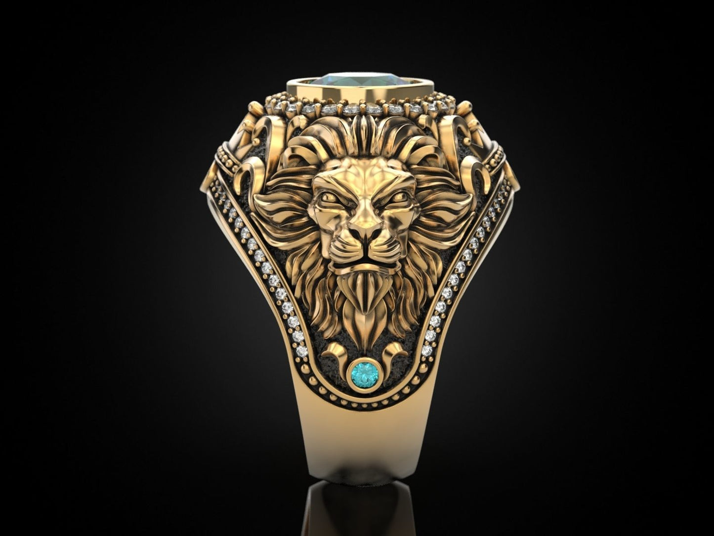 Gental Gems by Karat Kings | Unique Designed 22k Gold plated Double Faced Lion Ring with Green Zircon Stone |  Sterling Silver Oxidized Ring