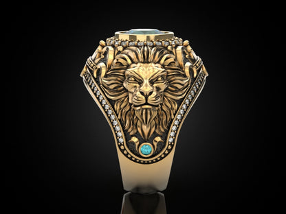 Gental Gems by Karat Kings | Unique Designed 22k Gold plated Double Faced Lion Ring with Green Zircon Stone |  Sterling Silver Oxidized Ring