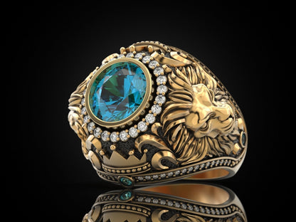 Gental Gems by Karat Kings | Unique Designed 22k Gold plated Double Faced Lion Ring with Green Zircon Stone |  Sterling Silver Oxidized Ring