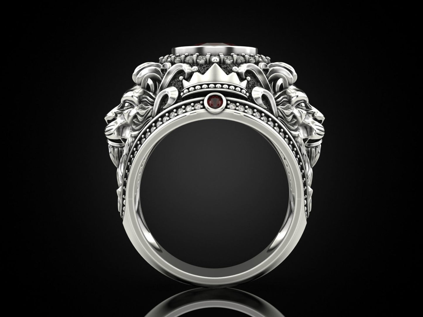 Gental Gems by Karat Kings | Unique Designed Double Faced Lion Ring with Red Zircon Stone |  Sterling Silver Oxidized Ring