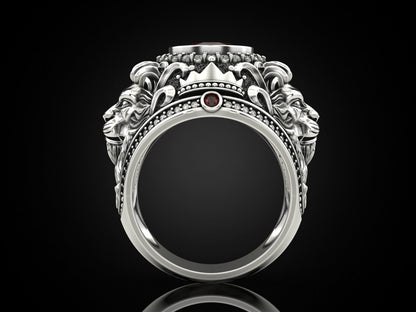 Gental Gems by Karat Kings | Unique Designed Double Faced Lion Ring with Red Zircon Stone |  Sterling Silver Oxidized Ring