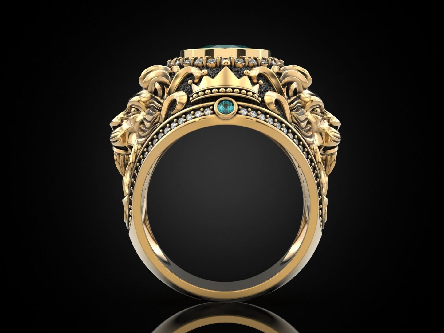 Gental Gems by Karat Kings | Unique Designed 22k Gold plated Double Faced Lion Ring with Green Zircon Stone |  Sterling Silver Oxidized Ring