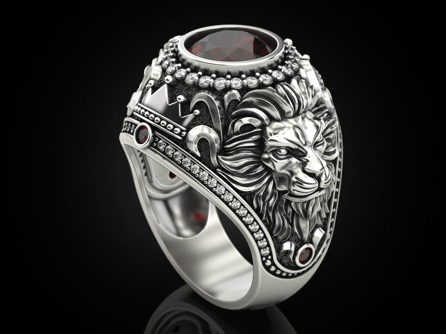 Gental Gems by Karat Kings | Unique Designed Double Faced Lion Ring with Red Zircon Stone |  Sterling Silver Oxidized Ring