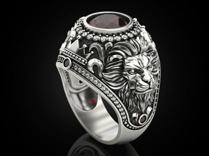 Gental Gems by Karat Kings | Unique Designed Double Faced Lion Ring with Red Zircon Stone |  Sterling Silver Oxidized Ring