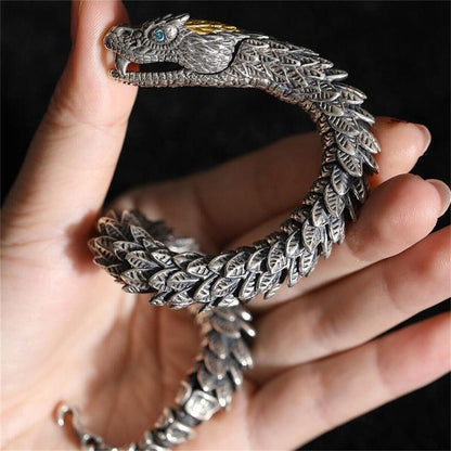 Unique Golden Head Oxidized Snake Bracelet with Blue Eyes |  Sterling Silver Oxidized Bracelet | Unisex