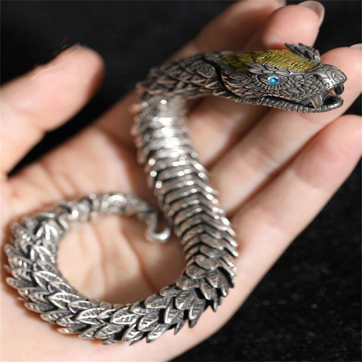 Unique Golden Head Oxidized Snake Bracelet with Blue Eyes |  Sterling Silver Oxidized Bracelet | Unisex