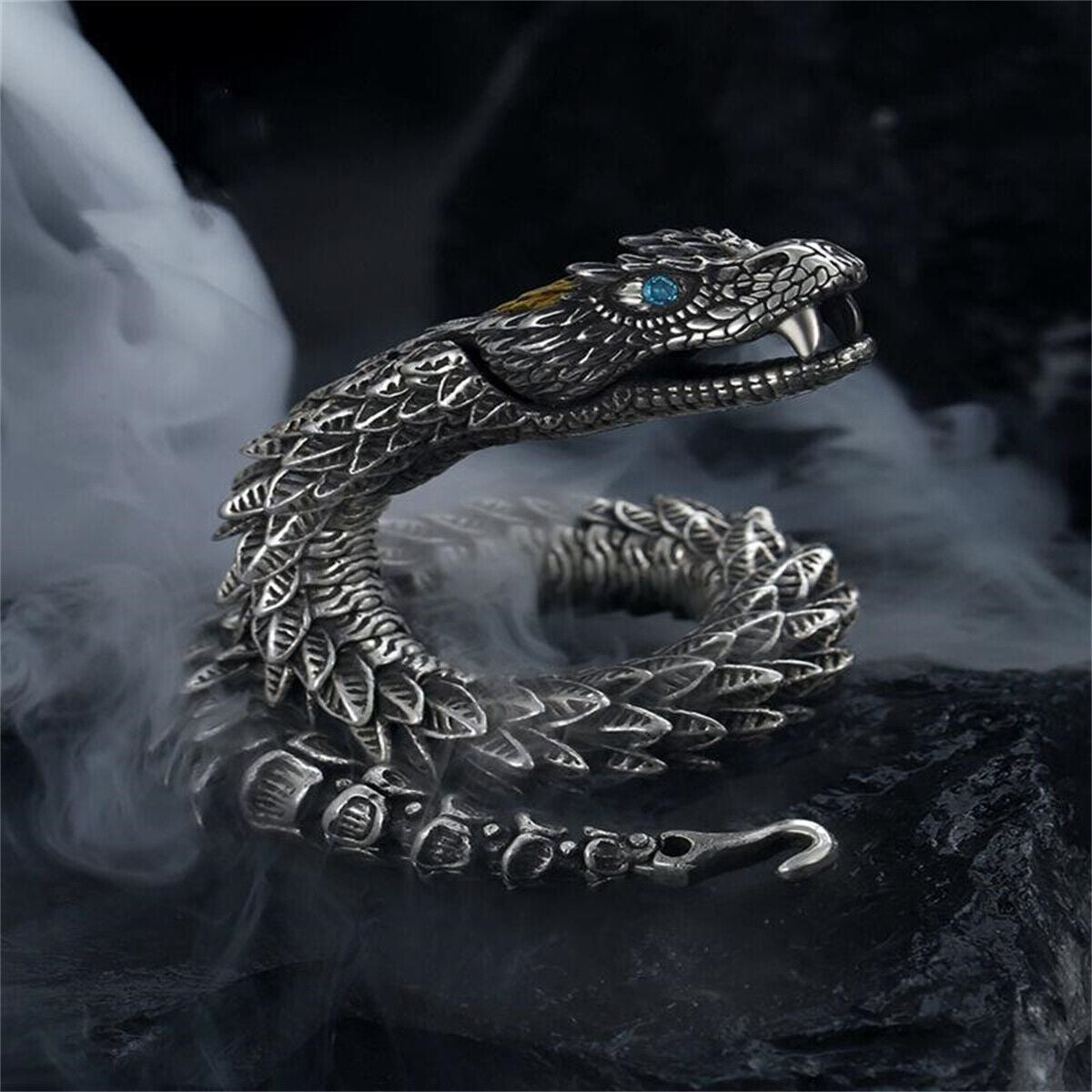 Unique Golden Head Oxidized Snake Bracelet with Blue Eyes |  Sterling Silver Oxidized Bracelet | Unisex