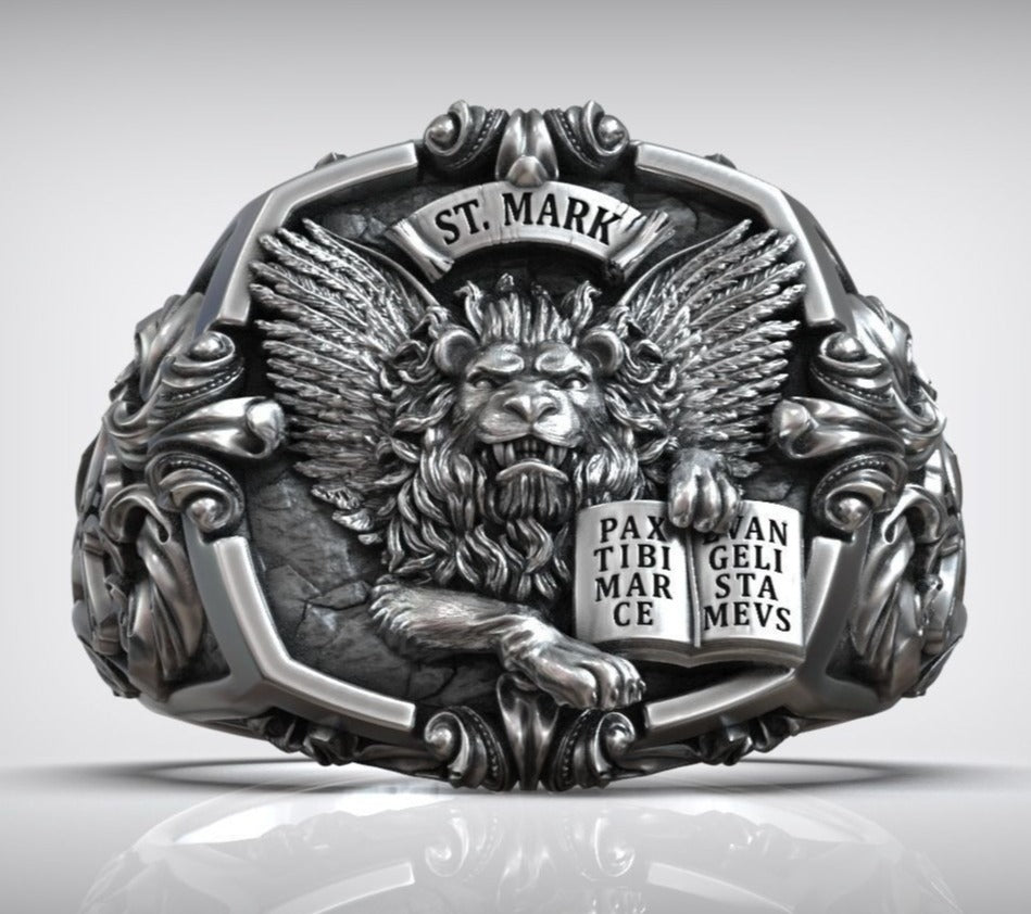 Gental Gems by Karat Kings | Unique Designed St. Mark Lion with Cross Ring |  Sterling Silver Oxidized Ring