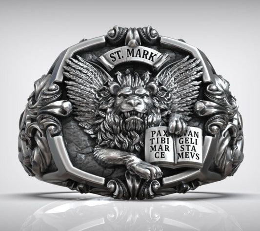 Gental Gems by Karat Kings | Unique Designed St. Mark Lion with Cross Ring |  Sterling Silver Oxidized Ring | Men's Jewelry | With Certificate of Authenticity and  Hallmark