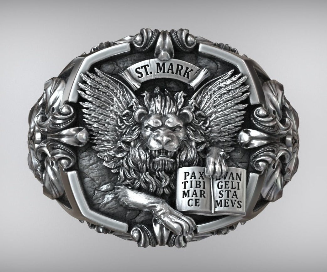 Gental Gems by Karat Kings | Unique Designed St. Mark Lion with Cross Ring |  Sterling Silver Oxidized Ring