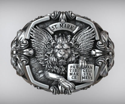 Gental Gems by Karat Kings | Unique Designed St. Mark Lion with Cross Ring |  Sterling Silver Oxidized Ring