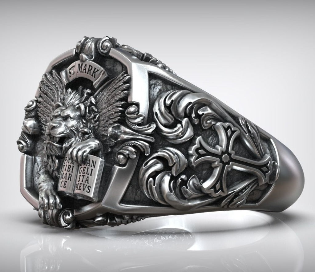 Gental Gems by Karat Kings | Unique Designed St. Mark Lion with Cross Ring |  Sterling Silver Oxidized Ring