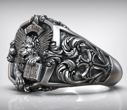 Gental Gems by Karat Kings | Unique Designed St. Mark Lion with Cross Ring |  Sterling Silver Oxidized Ring