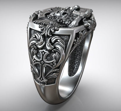 Gental Gems by Karat Kings | Unique Designed St. Mark Lion with Cross Ring |  Sterling Silver Oxidized Ring