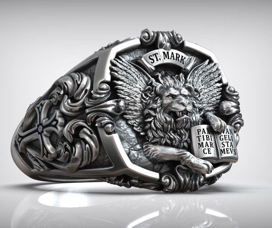 Gental Gems by Karat Kings | Unique Designed St. Mark Lion with Cross Ring |  Sterling Silver Oxidized Ring