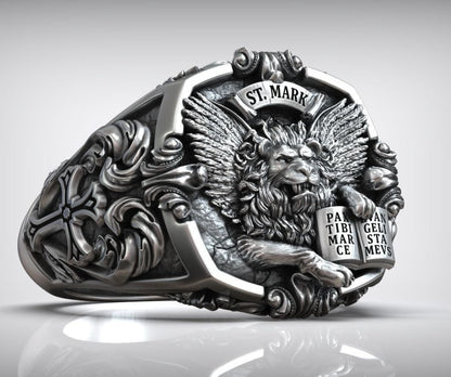 Gental Gems by Karat Kings | Unique Designed St. Mark Lion with Cross Ring |  Sterling Silver Oxidized Ring