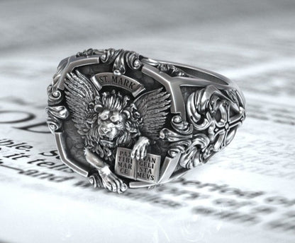 Gental Gems by Karat Kings | Unique Designed St. Mark Lion with Cross Ring |  Sterling Silver Oxidized Ring