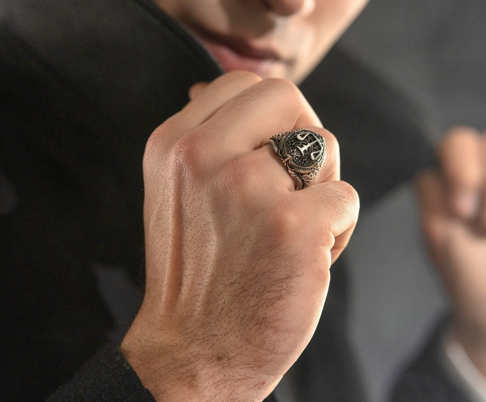 Gental Gems by Karat Kings | Unique Handmade Turkish Style Libra Zodiac Signet Ring for Librans |  Sterling Silver Oxidized Ring | Men's Jewelry | With Certificate of Authenticity and  Hallmark