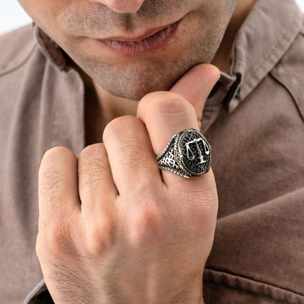 Gental Gems by Karat Kings | Unique Handmade Turkish Style Libra Zodiac Signet Ring for Librans |  Sterling Silver Oxidized Ring