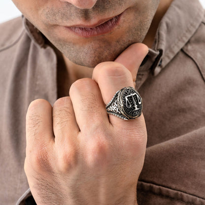 Gental Gems by Karat Kings | Unique Handmade Turkish Style Libra Zodiac Signet Ring for Librans |  Sterling Silver Oxidized Ring