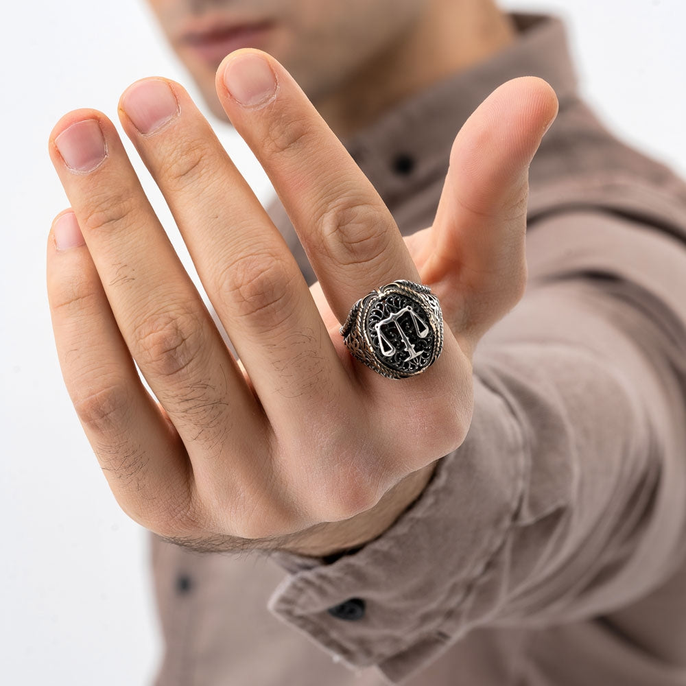 Gental Gems by Karat Kings | Unique Handmade Turkish Style Libra Zodiac Signet Ring for Librans |  Sterling Silver Oxidized Ring | Men's Jewelry | With Certificate of Authenticity and  Hallmark