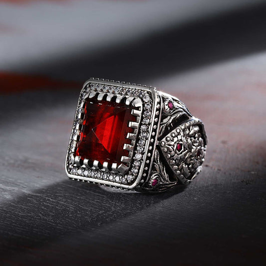 Gental Gems by Karat Kings | Unique Handmade Turkish Style Ring Studded with AAA+ Red Zirconia | 925 Sterling Silver Oxidized Ring | Men's Jewelry | With Certificate of Authenticity and 925 Hallmark
