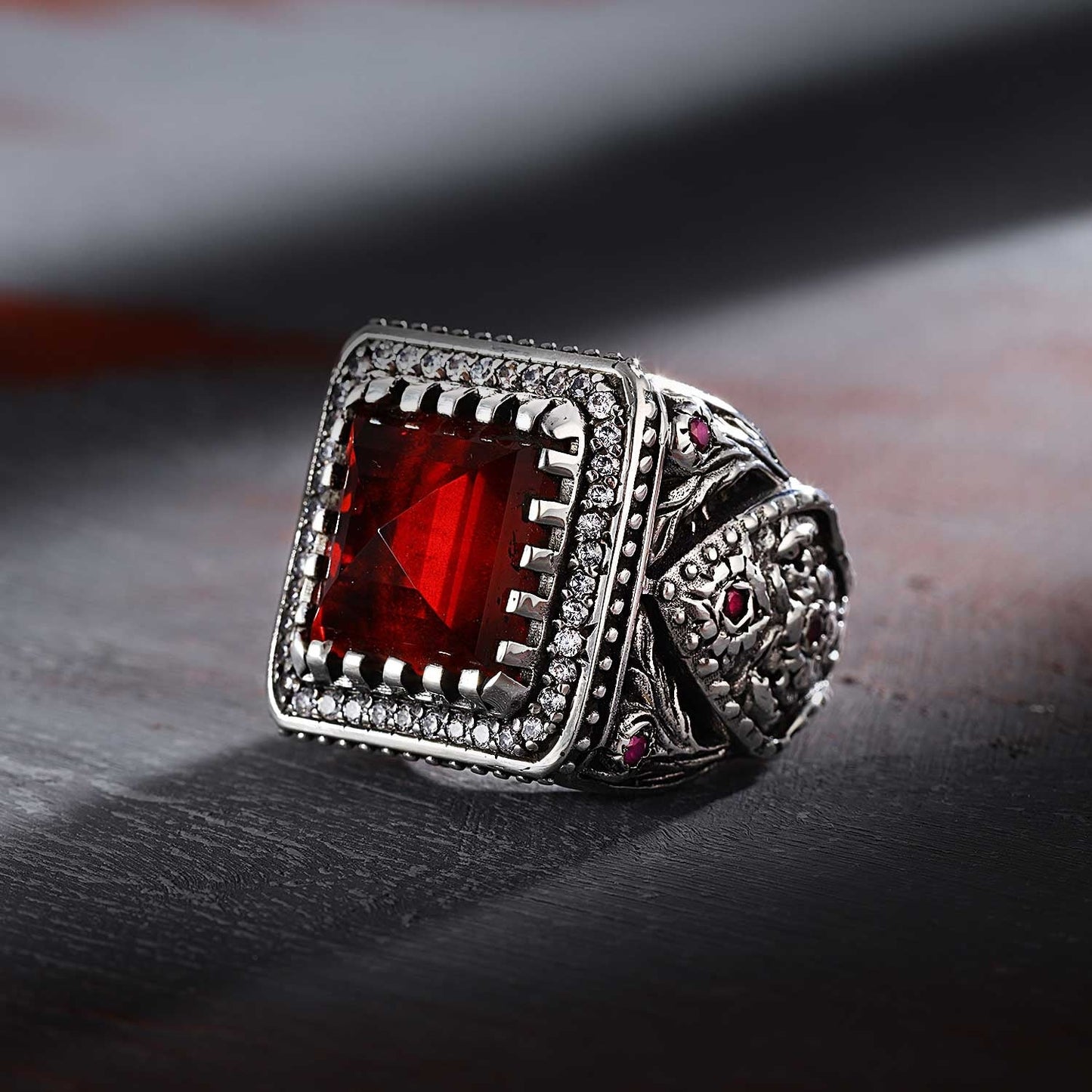 Gental Gems by Karat Kings | Unique Handmade Turkish Style Ring Studded with AAA+ Red Zirconia |  Sterling Silver Oxidized Ring | Men's Jewelry | With Certificate of Authenticity and  Hallmark