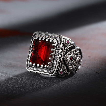 Gental Gems by Karat Kings | Unique Handmade Turkish Style Ring Studded with AAA+ Red Zirconia |  Sterling Silver Oxidized Ring | Men's Jewelry | With Certificate of Authenticity and  Hallmark