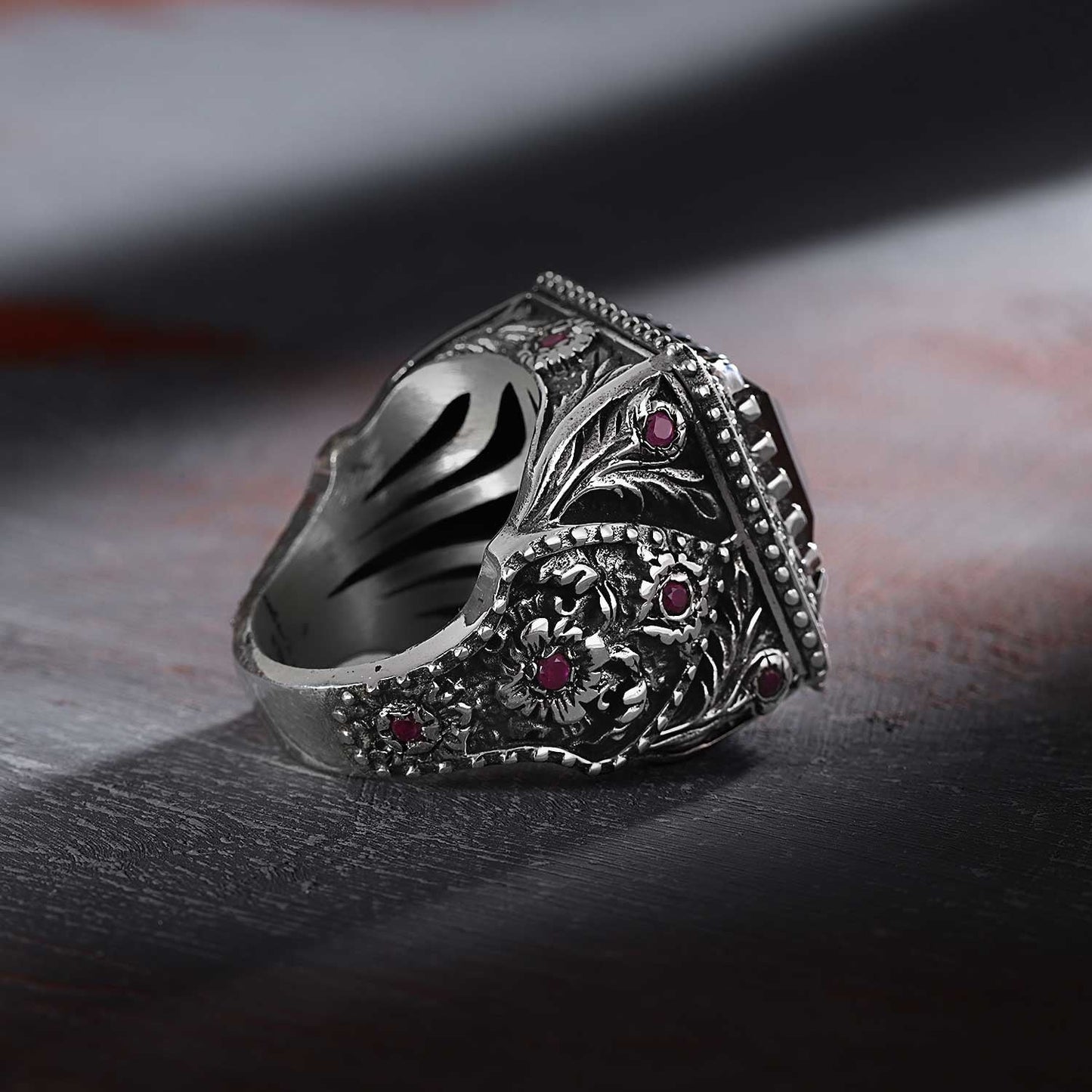 Gental Gems by Karat Kings | Unique Handmade Turkish Style Ring Studded with AAA+ Red Zirconia |  Sterling Silver Oxidized Ring | Men's Jewelry | With Certificate of Authenticity and  Hallmark