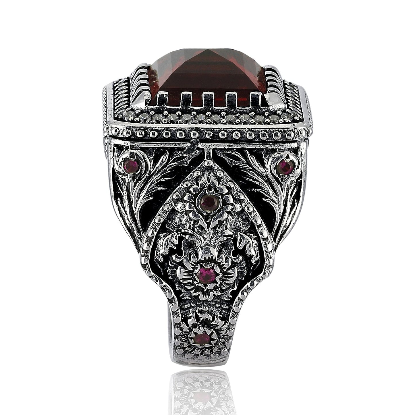 Gental Gems by Karat Kings | Unique Handmade Turkish Style Ring Studded with AAA+ Red Zirconia |  Sterling Silver Oxidized Ring | Men's Jewelry | With Certificate of Authenticity and  Hallmark