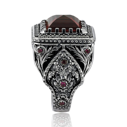 Gental Gems by Karat Kings | Unique Handmade Turkish Style Ring Studded with AAA+ Red Zirconia |  Sterling Silver Oxidized Ring | Men's Jewelry | With Certificate of Authenticity and  Hallmark