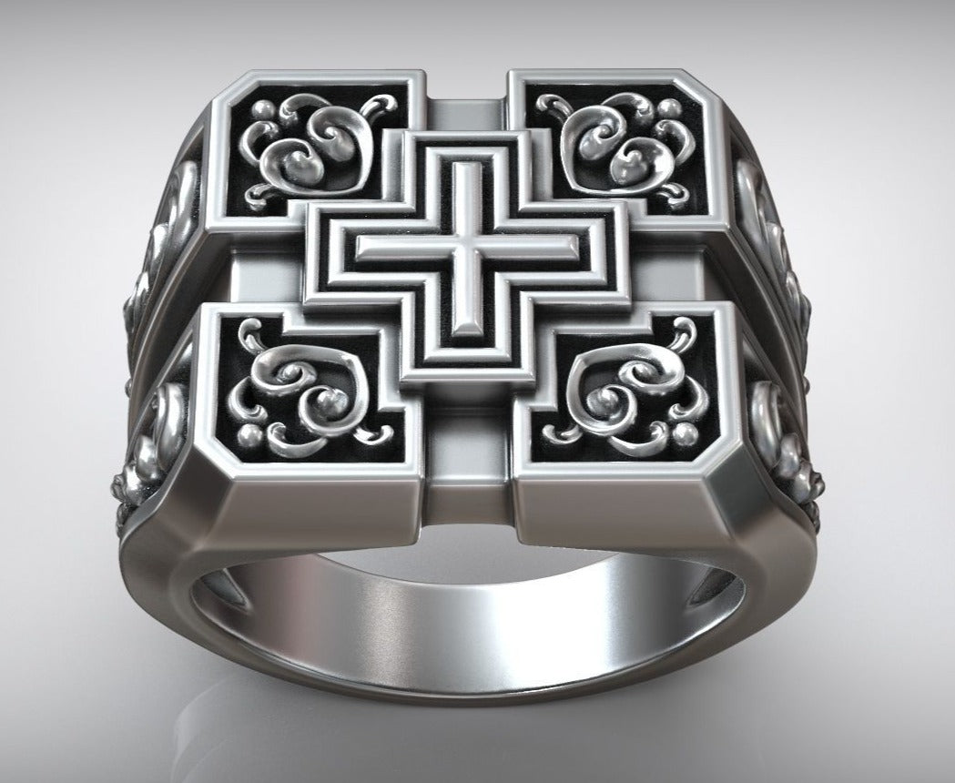 Gental Gems by Karat Kings | Unique Designed Signet Cross Ring in Square Pattern |  Sterling Silver Oxidized Ring