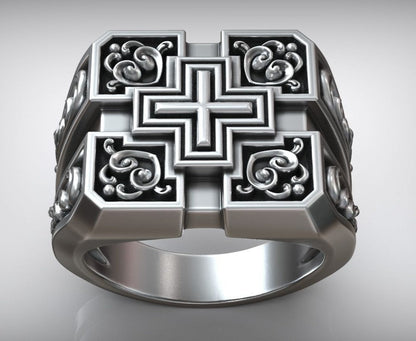 Gental Gems by Karat Kings | Unique Designed Signet Cross Ring in Square Pattern |  Sterling Silver Oxidized Ring