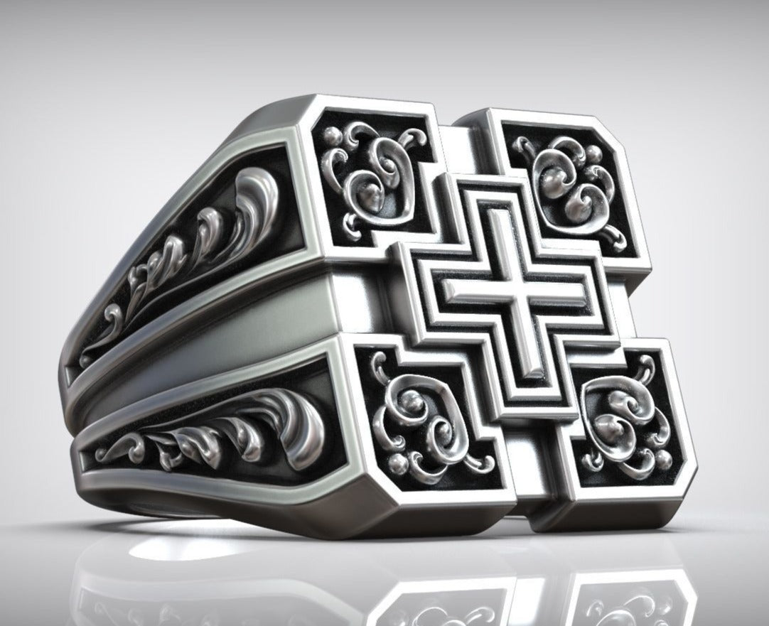 Gental Gems by Karat Kings | Unique Designed Signet Cross Ring in Square Pattern |  Sterling Silver Oxidized Ring