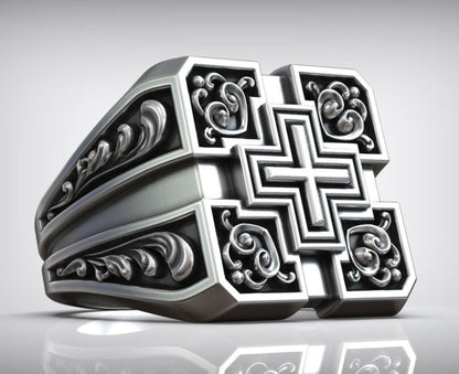 Gental Gems by Karat Kings | Unique Designed Signet Cross Ring in Square Pattern |  Sterling Silver Oxidized Ring