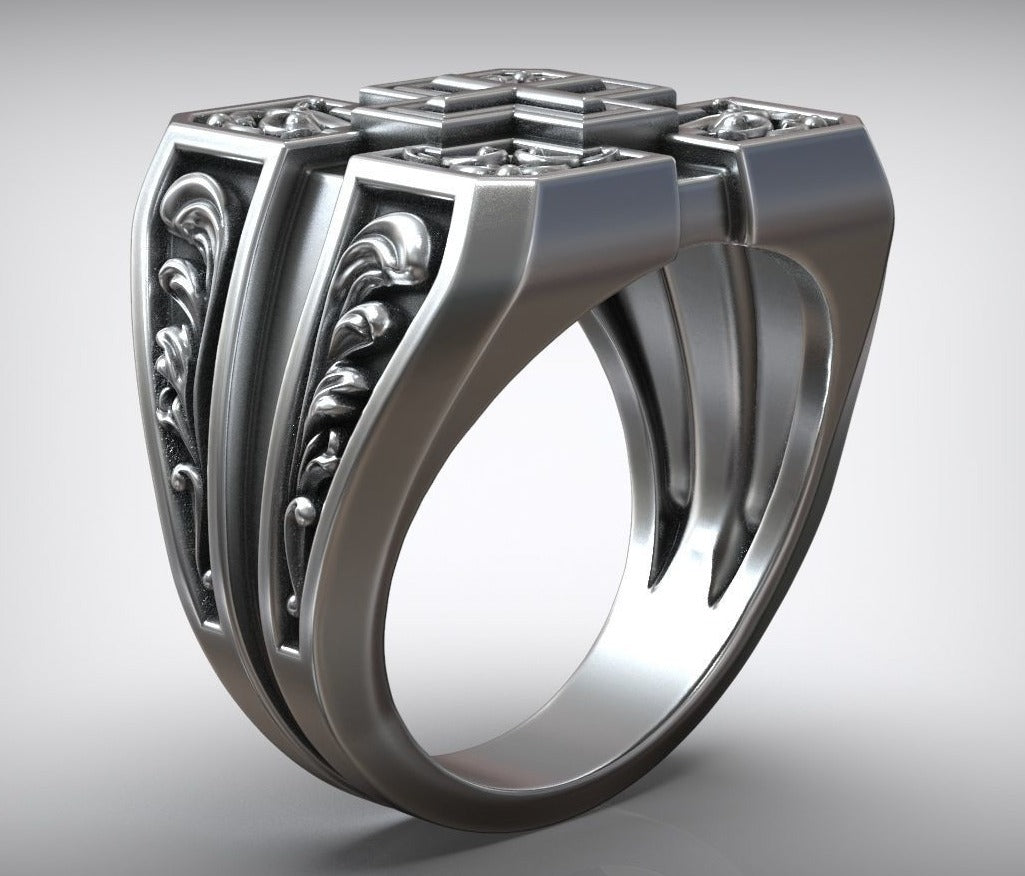 Gental Gems by Karat Kings | Unique Designed Signet Cross Ring in Square Pattern |  Sterling Silver Oxidized Ring