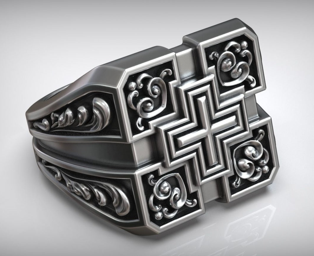Gental Gems by Karat Kings | Unique Designed Signet Cross Ring in Square Pattern |  Sterling Silver Oxidized Ring