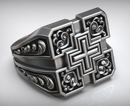 Gental Gems by Karat Kings | Unique Designed Signet Cross Ring in Square Pattern |  Sterling Silver Oxidized Ring