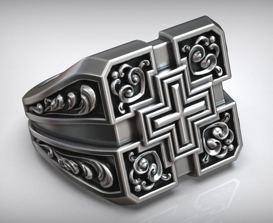 Gental Gems by Karat Kings | Unique Designed Signet Cross Ring in Square Pattern |  Sterling Silver Oxidized Ring | Men's Jewelry | With Certificate of Authenticity and  Hallmark