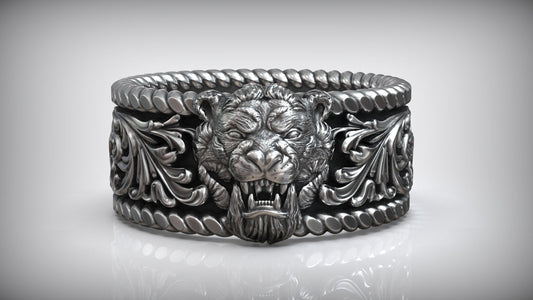 Gental Gems by Karat Kings | Unique Designed Solid 3D Tiger Face Band Ring |  Sterling Silver Oxidized Ring | Men's Jewelry | With Certificate of Authenticity and  Hallmark