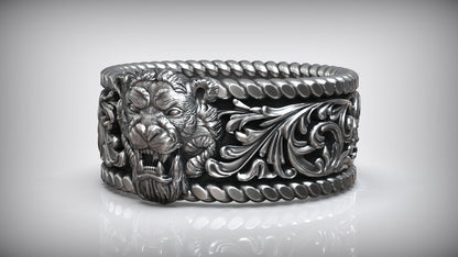 Gental Gems by Karat Kings | Unique Designed Solid 3D Tiger Face Band Ring |  Sterling Silver Oxidized Ring | Men's Jewelry | With Certificate of Authenticity and  Hallmark