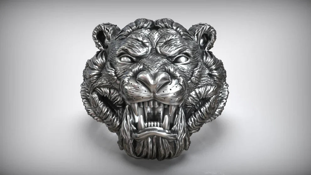 Gental Gems by Karat Kings | Unique Designed Solid Ferocious 3D Tiger Face Ring |  Sterling Silver Oxidized Ring | Men's Jewelry | With Certificate of Authenticity and  Hallmark