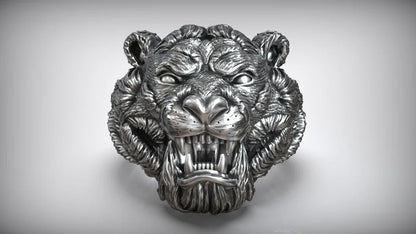 Gental Gems by Karat Kings | Unique Designed Solid Ferocious 3D Tiger Face Ring |  Sterling Silver Oxidized Ring | Men's Jewelry | With Certificate of Authenticity and  Hallmark