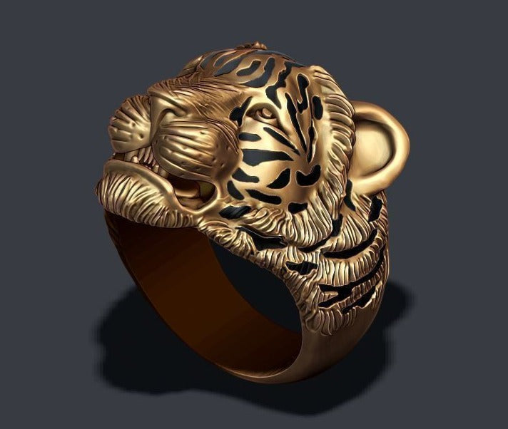 Gental Gems by Karat Kings | Unique Designed Tiger Face Ring |  Gold Micron Plated  Sterling Silver Oxidized Ring | Men's Jewelry | With Certificate of Authenticity and  Hallmark