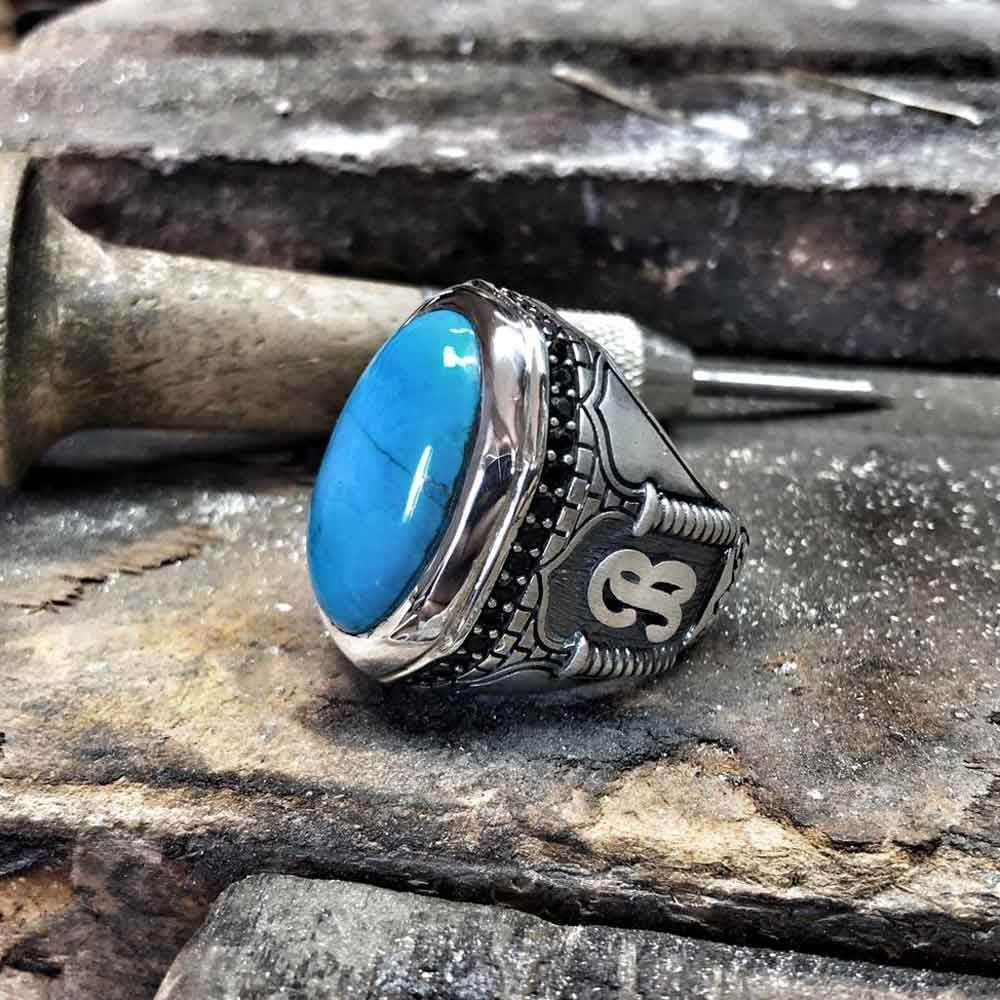 Gental Gems by Karat Kings | Unique Handmade Turkish Style Custom Name Initial Letter Ring with Natural Irani Turquoise (Firoza) |  Sterling Silver Oxidized Ring